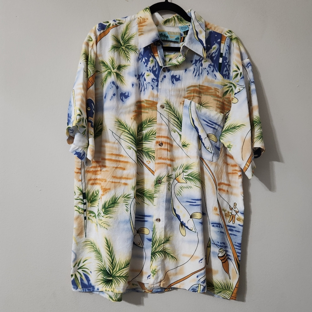 Roundy Bay Tropical Print Mens Casual Button Up Shirt Size XL Summer Tee